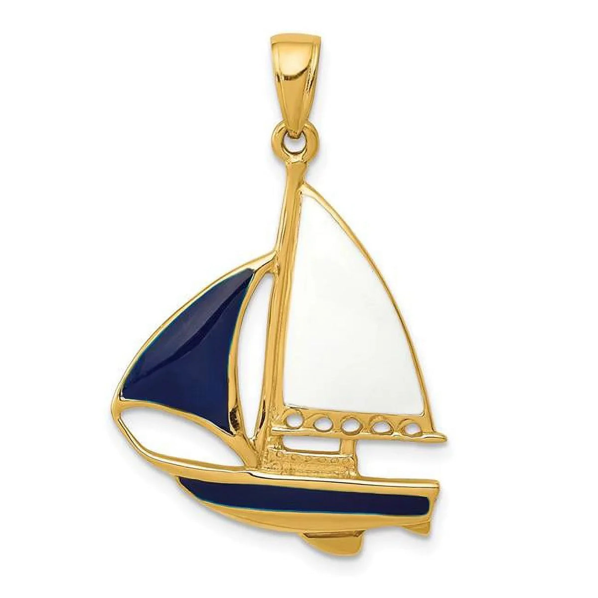 14K Yellow Gold 2-D Blue & White Enameled Sailboat Pendant