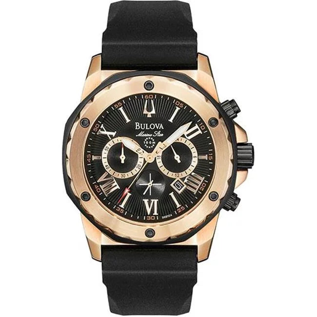 Men's Gold Tone Stainless Steel Marine Star Black Dial Rubber Strap Chronograph - Black