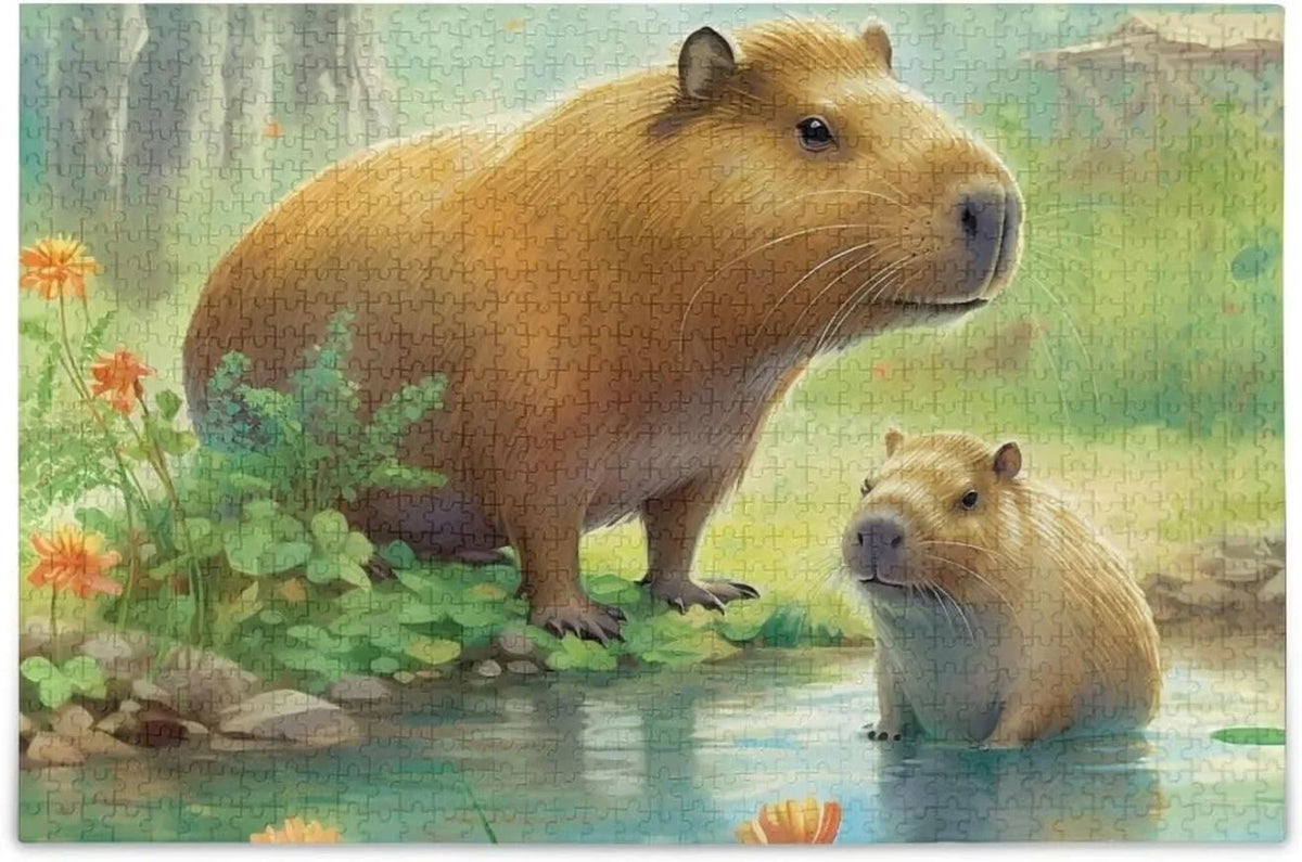 1000 PCS Capybara Family Jigsaw Puzzle, Paper Timber Composite Material Zigsaw with Storage Bag, Puzzle for Adults, Fun Challenging Brain Exercise Family Game Gift for Kids Friends Parents