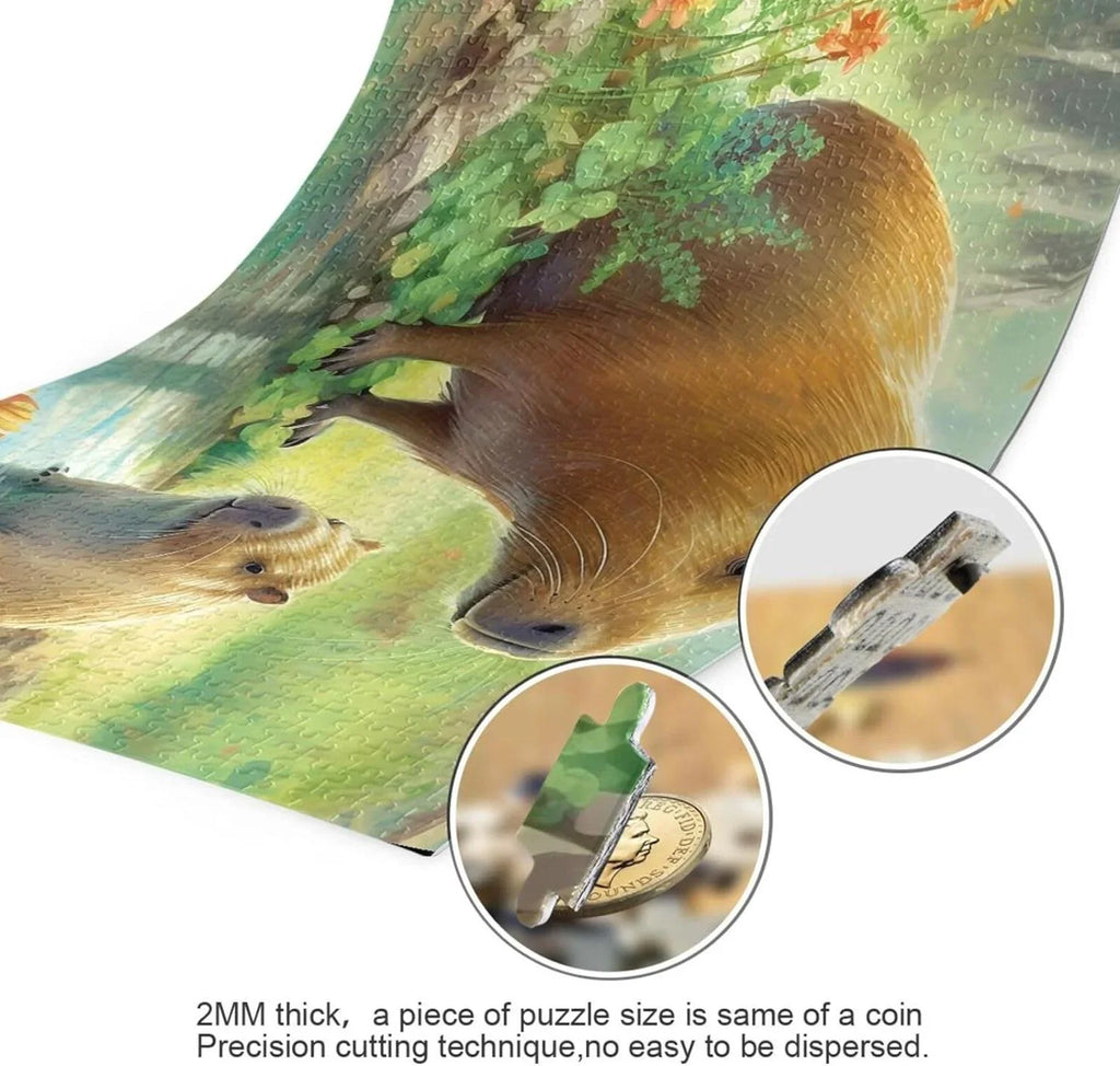 1000 PCS Capybara Family Jigsaw Puzzle, Paper Timber Composite Material Zigsaw with Storage Bag, Puzzle for Adults, Fun Challenging Brain Exercise Family Game Gift for Kids Friends Parents