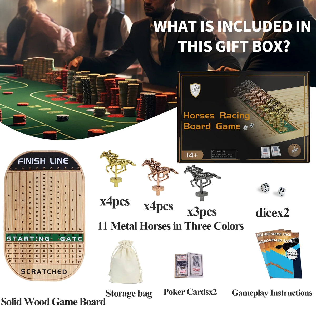 Horse Race Board Game Racing Game Thickened Pine with 11 Luxurious Sturdy Classic Metal Horses with 4 dice and 2 Boxes of Cards Across Finish Line Horse Racing Game