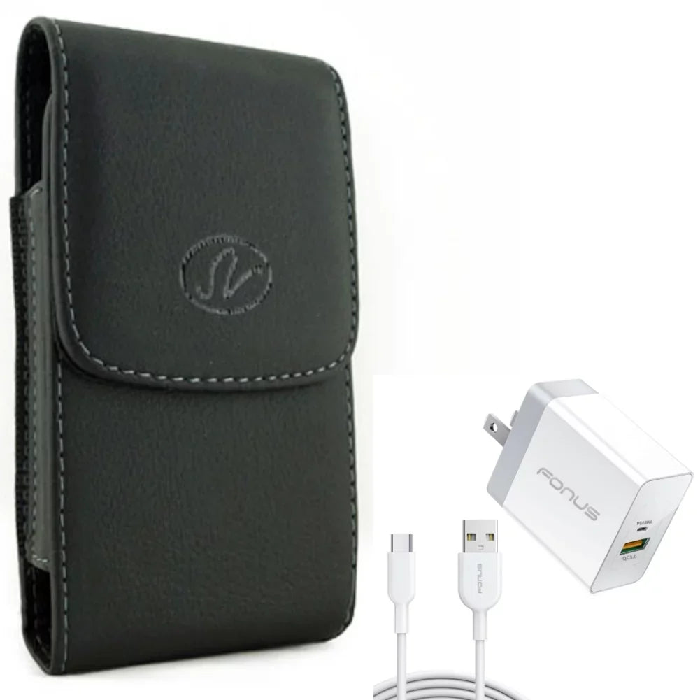 Holster Leather Case Belt Clip w 6ft Long Cable Fast Type-C 36W PD Home Charger for LG Stylo 4 Plus, Harmony 4 - Lively Jitterbug Smart3 - Motorola One Zoom, Moto Z4 Z3 Play Z2 Play