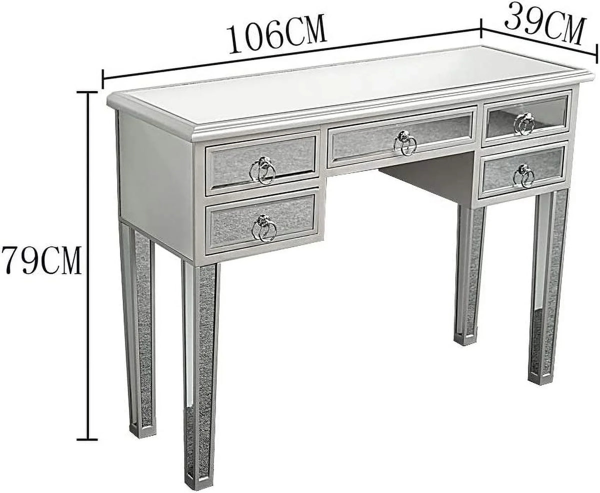 TJUNBOLIFE Mirrored Console Table 5-Drawer Console Sofa Entry Table with Two Drawers Antique Silver/Mirror