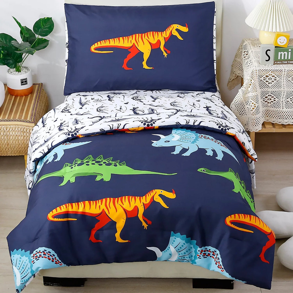 PERFEMET 4-Piece Toddler Bedding Set - Ultra Soft Cartoon Jurassic Dinosaur Print Boys Toddler Relaxation Set - Include Relaxation Flat Sheet, Fitted Sheet and Reversible Pillowcase, Blue Dinosaur