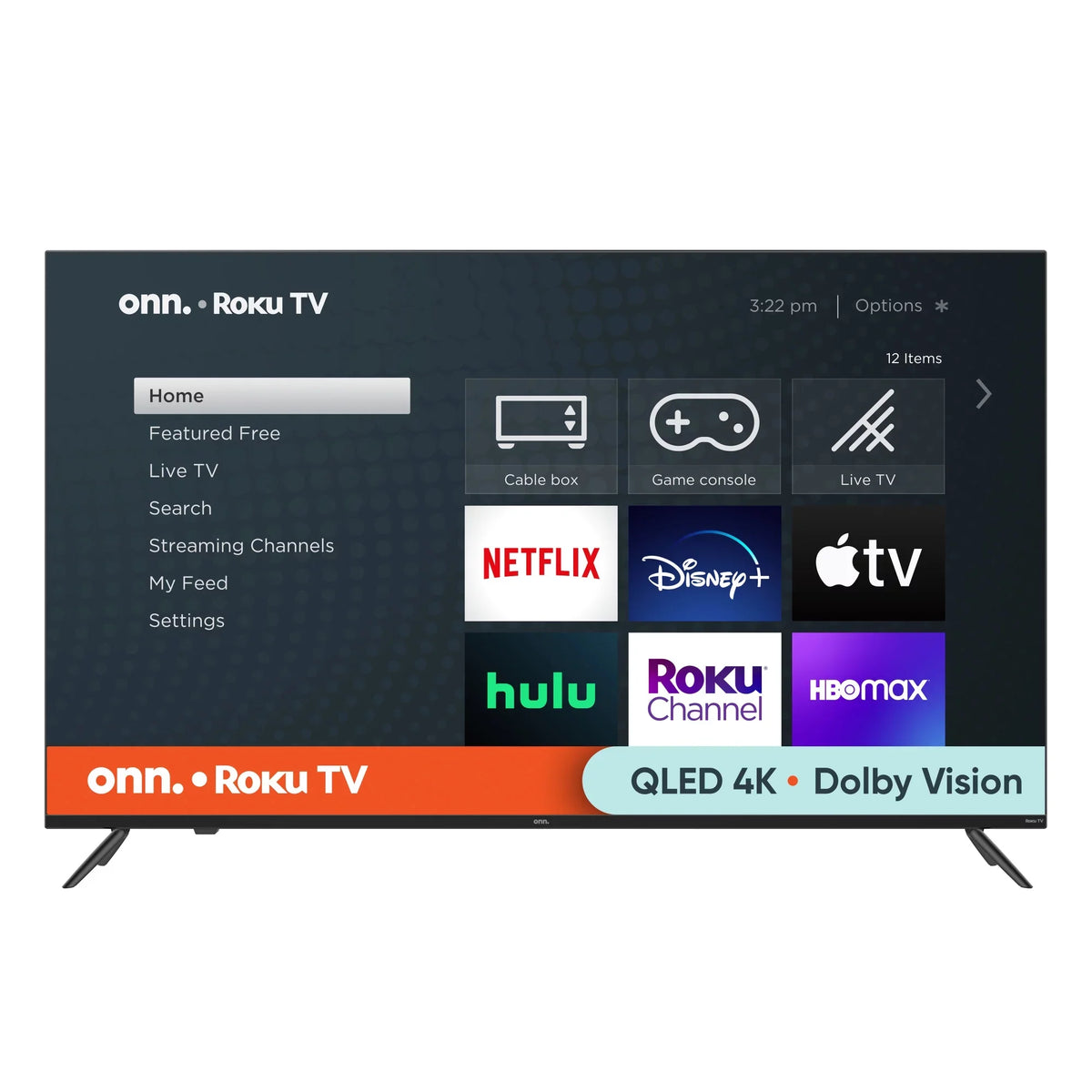onn. 55” QLED 4K UHD (2160p) Roku Smart TV with Dolby Atmos, Dolby Vision, Local Dimming, 120hz Effective Refresh Rate, and HDR (100071701)