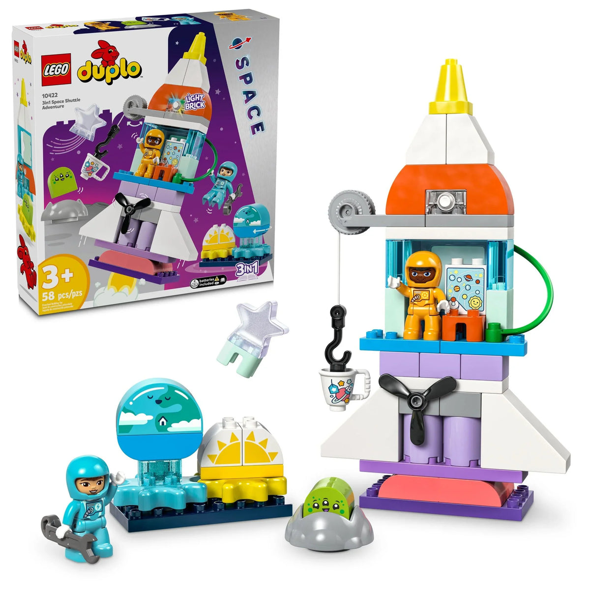 LEGO DUPLO 3 in 1 Space Shuttle Adventure Rocket Ship Building Set, Kids Educational Space Protection Toy for 3-Year-Olds and Up, Develops Preschool Kids’ Learning and Fine Motor Skills, 10422