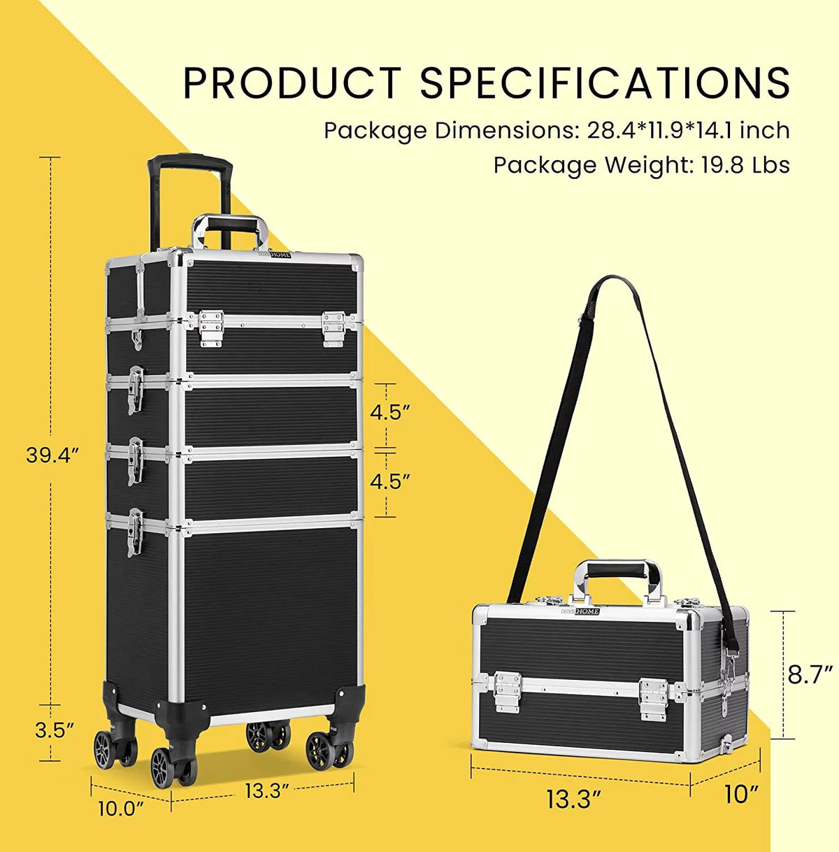 VIVOHOME 4 in 1 Makeup Rolling Train Case Aluminum Trolley Professional Cosmetic Organizer Box with Shoulder Straps 2 Keys Black(Cosmetic are not included)