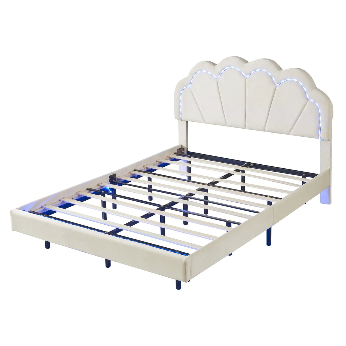 Cosymart Full Upholstered Smart LED Bed Frame with Elegant Flowers Headboard， Floating Velvet Platform LED Bed with Timber Slats Support， Beige