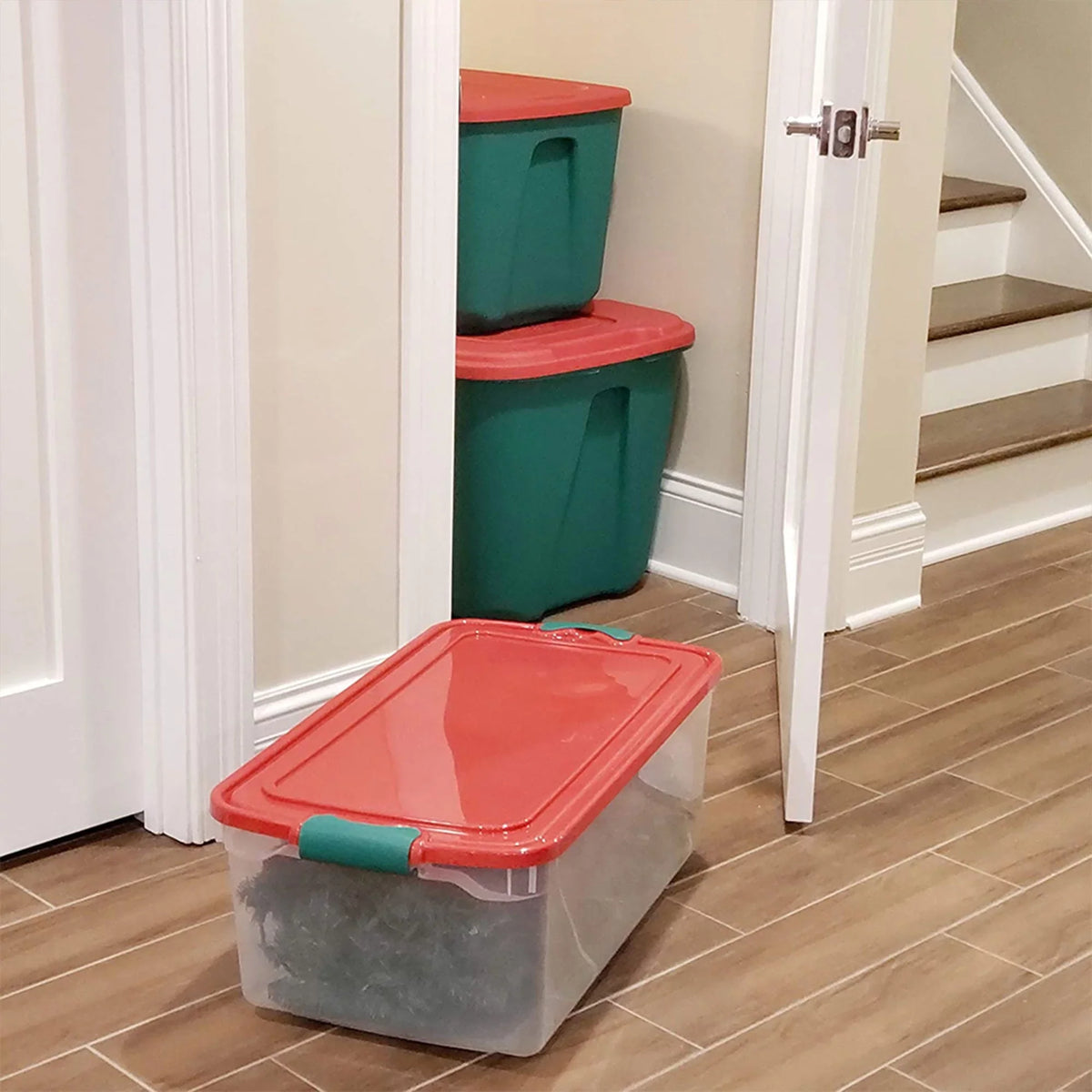 Homz 64 Quart Holiday Decor Plastic Storage Bin with Latching Lid, 6 Pack