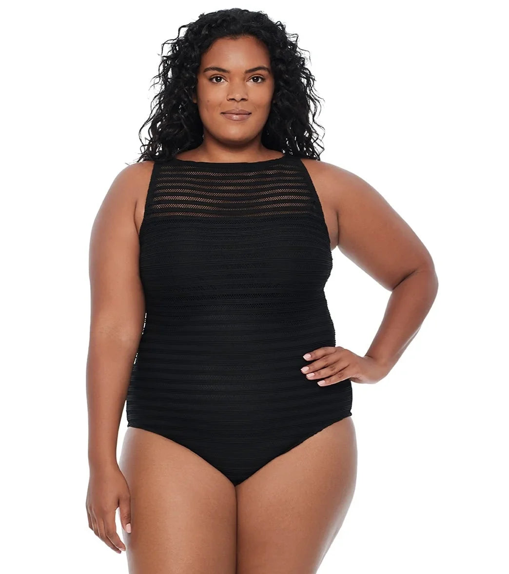 Ralph Lauren BLACK Plus Size Ottoman Boatneck One Piece Swimsuit, US 20W